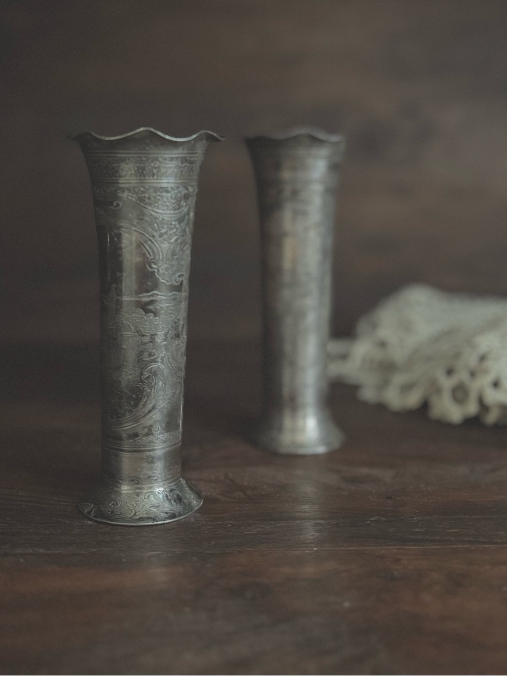 Holland Silver Co Bud Vases Dutch Scene Etched Silverplate Pair